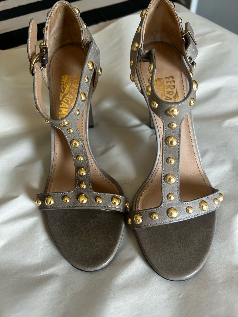Salvatore Ferragamo Taupe Sandals with Gold Stud Accents